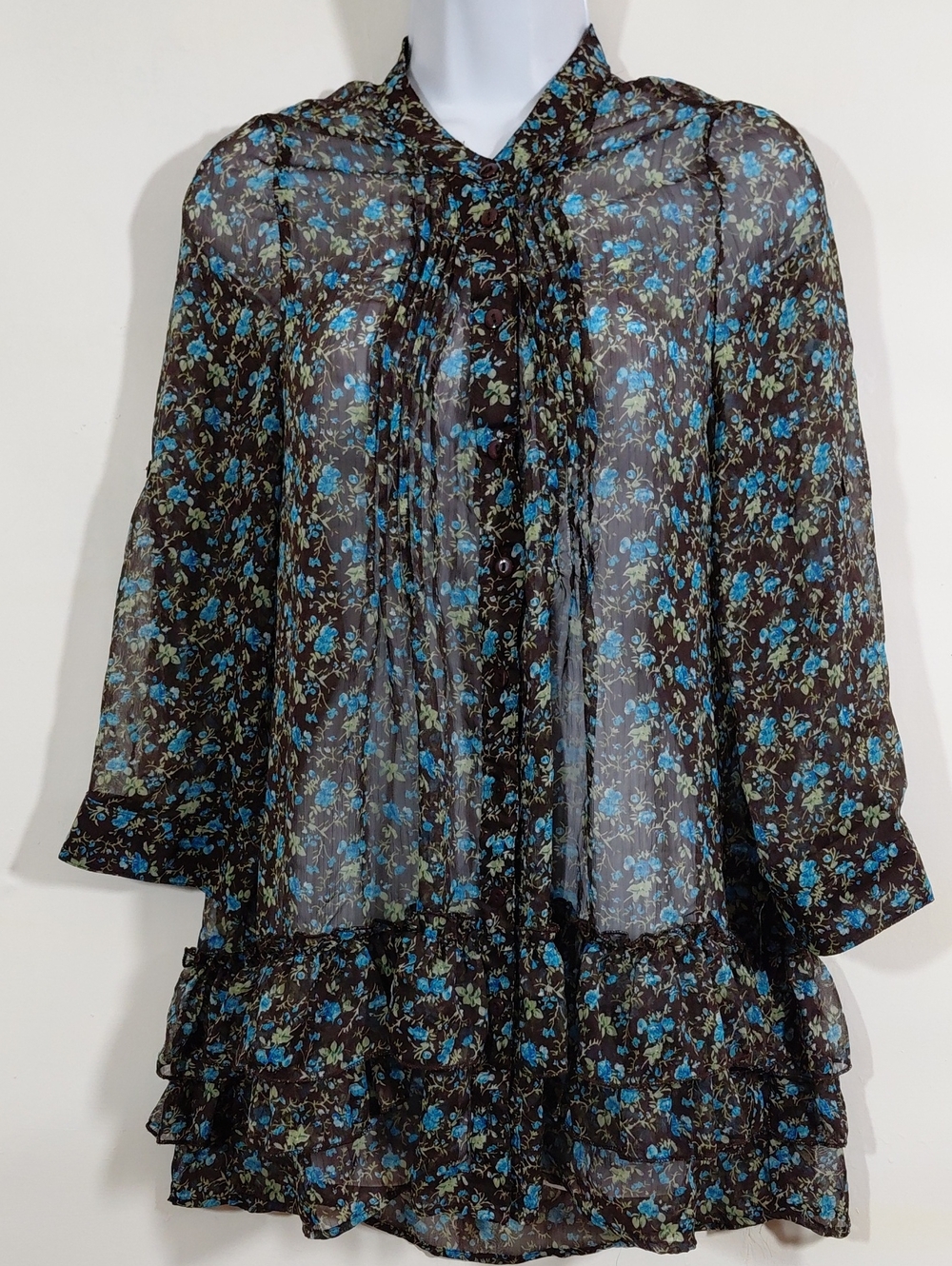 Brown Floral Sheer Blouse with Blue and Green Accents LG Button Down
